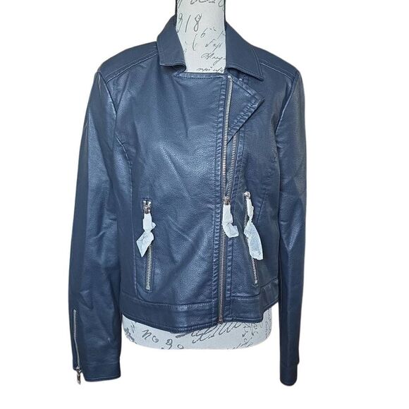 Express Women's Size Large Navy Faux Leather Moto Jacket - Picture 1 of 6